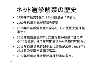 34
ネット選挙解禁の歴史
• 1996年に新党さきがけが旧自治省に問合せ
• 2000年代民主党が解禁を提唱
• 2010年に与野党合意に至るも、その後民主党は推
進せず
• 2012年衆院選直前に、安倍総裁が解禁に注力す
ることを宣言。自民党対象直後から積極的に関与。
• 2013年自民党執行部中心に議論が加速。2013年4
月19日の参院本会議で成立。
• 2017年野田総務大臣が再検討等に言及。
 