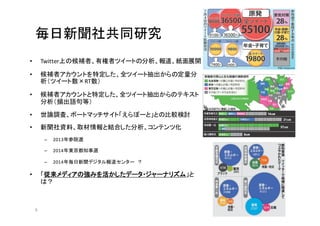 6
毎日新聞社共同研究
• Twitter上の候補者、有権者ツイートの分析、報道、紙面展開
• 候補者アカウントを特定した、全ツイート抽出からの定量分
析（ツイート数×RT数）
• 候補者アカウントと特定した、全ツイート抽出からのテキスト
分析（頻出語句等）
• 世論調査、ボートマッチサイト「えらぼーと」との比較検討
• 新聞社資料、取材情報と結合した分析、コンテンツ化
– 2013年参院選
– 2014年東京都知事選
– 2014年毎日新聞デジタル報道センター ？
• 「従来メディアの強みを活かしたデータ・ジャーナリズム」と
は？
 