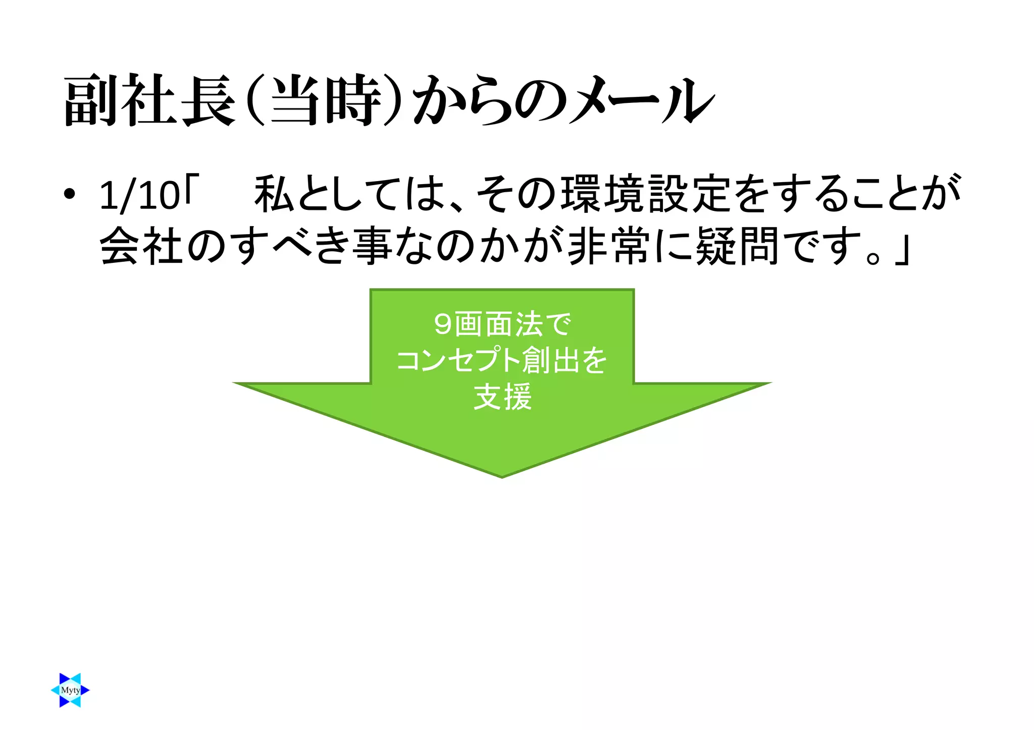 副社長（当時）からのメール
• 1/10「 私としては、その環境設定をすることが
会社のすべき事なのかが非常に疑問です。」
９画面法で
コンセプト創出を
支援
 