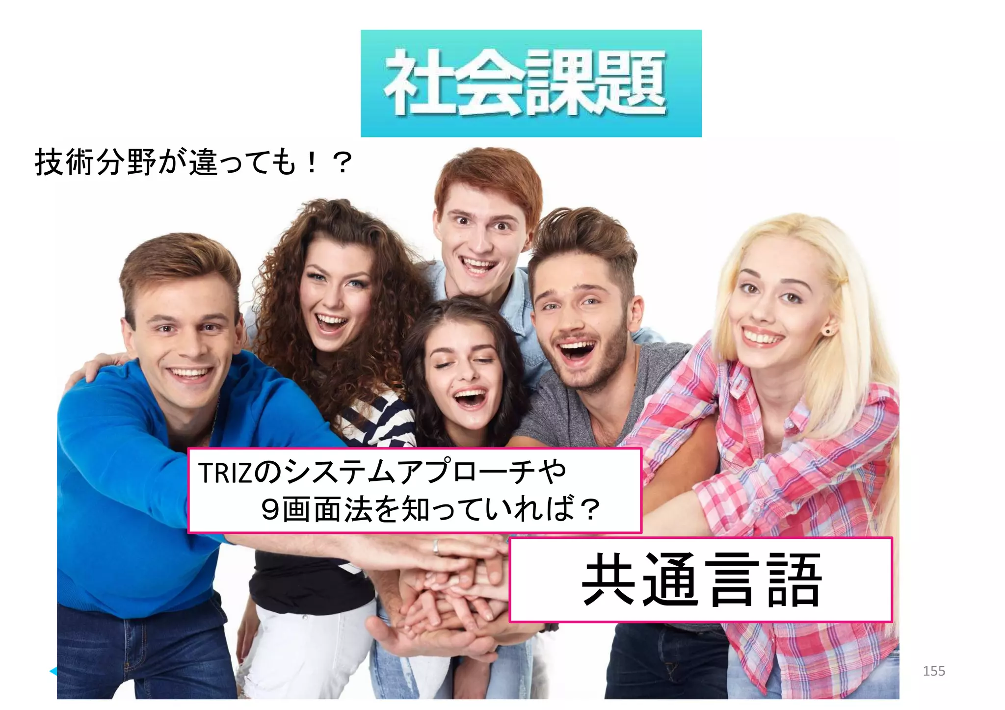 マイティ 155
技術分野が違っても！？
TRIZのシステムアプローチや
９画面法を知っていれば？
共通言語
 