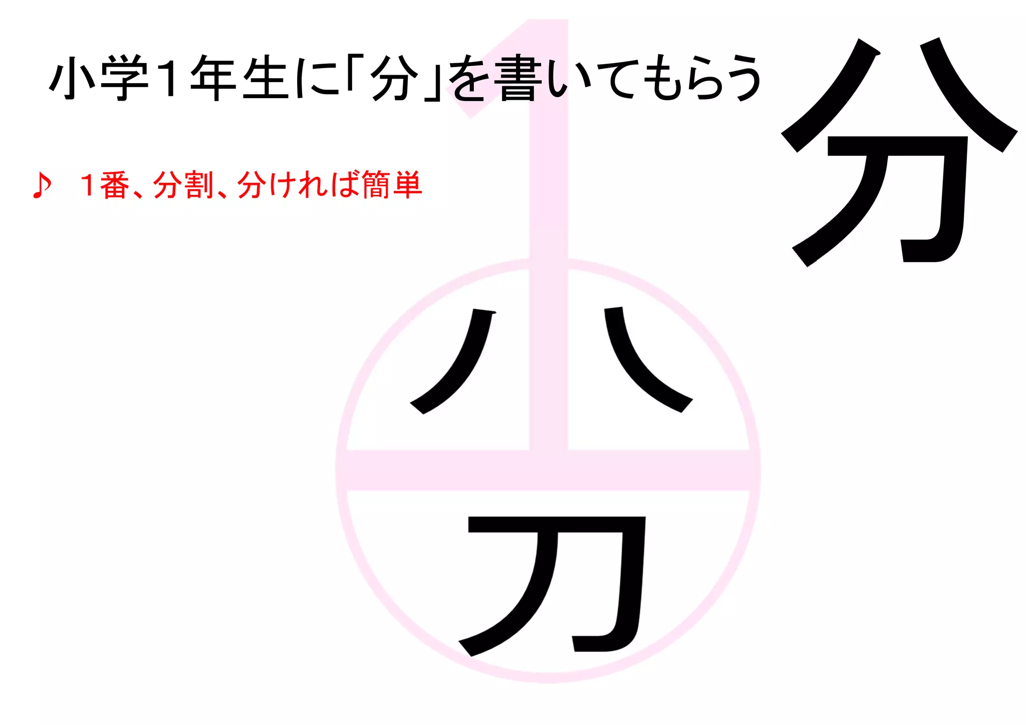 小学１年生に「分」を書いてもらう
♪ １番、分割、分ければ簡単
分
 