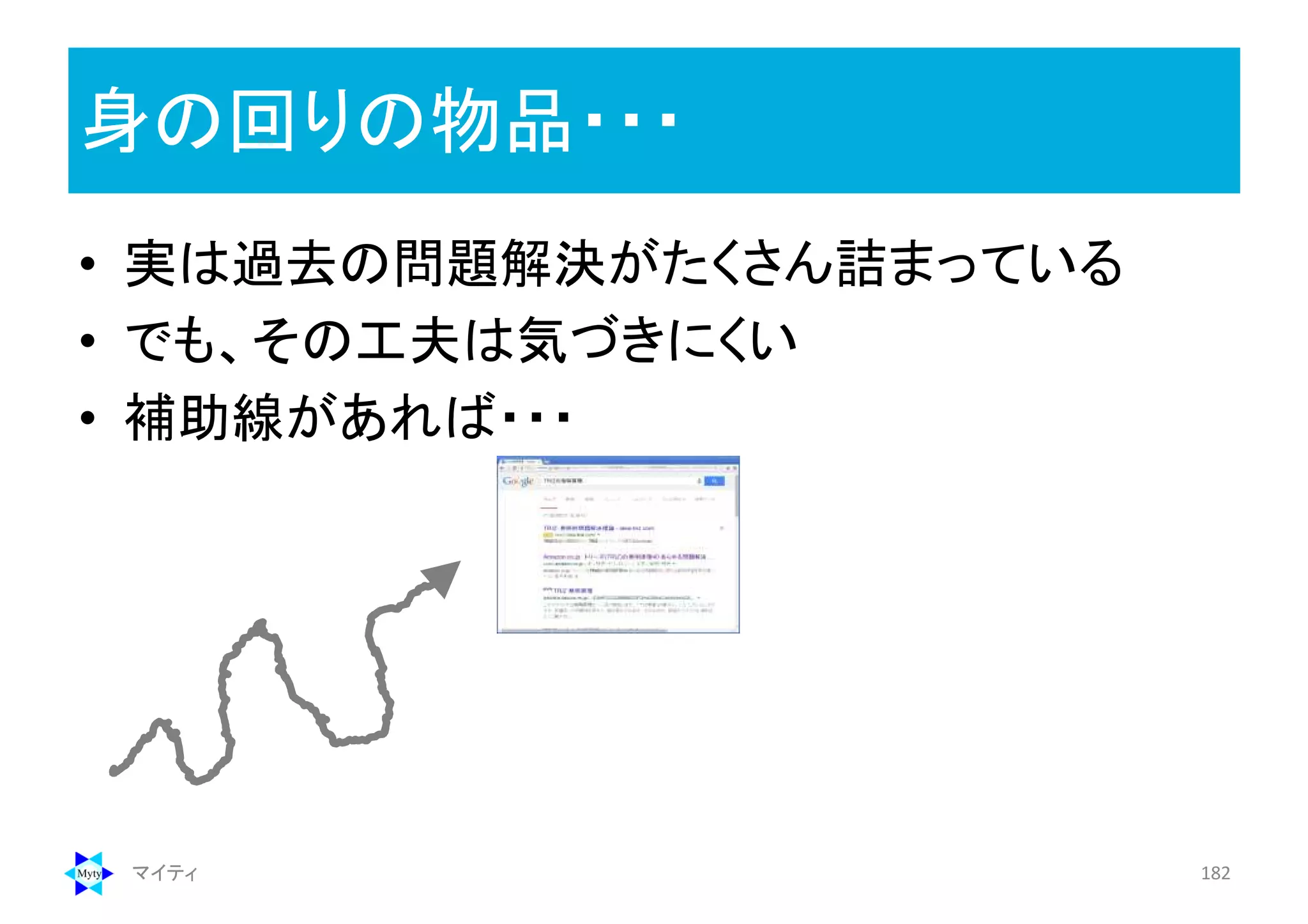 身の回りの物品・・・
マイティ 182
• 実は過去の問題解決がたくさん詰まっている
• でも、その工夫は気づきにくい
• 補助線があれば・・・
 