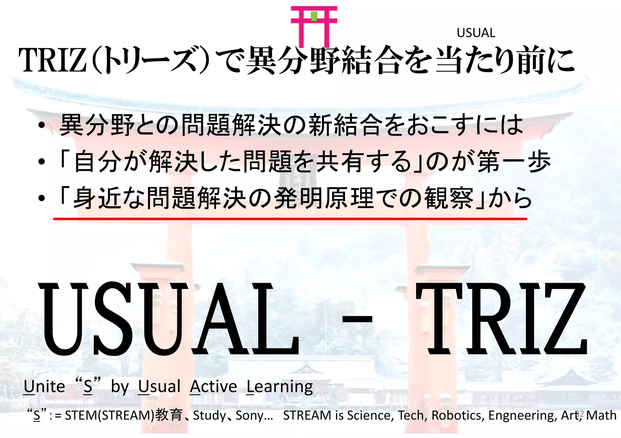 TRIZ（トリーズ）で異分野結合を当たり前に
• 異分野との問題解決の新結合をおこすには
• 「自分が解決した問題を共有する」のが第一歩
• 「身近な問題解決の発明原理での観察」から
32
USUAL - TRIZ
USUAL
Unite “S” by Usual Active Learning
“S”：= STEM(STREAM)教育、Study、Sony… STREAM is Science, Tech, Robotics, Engneering, Art, Math
 