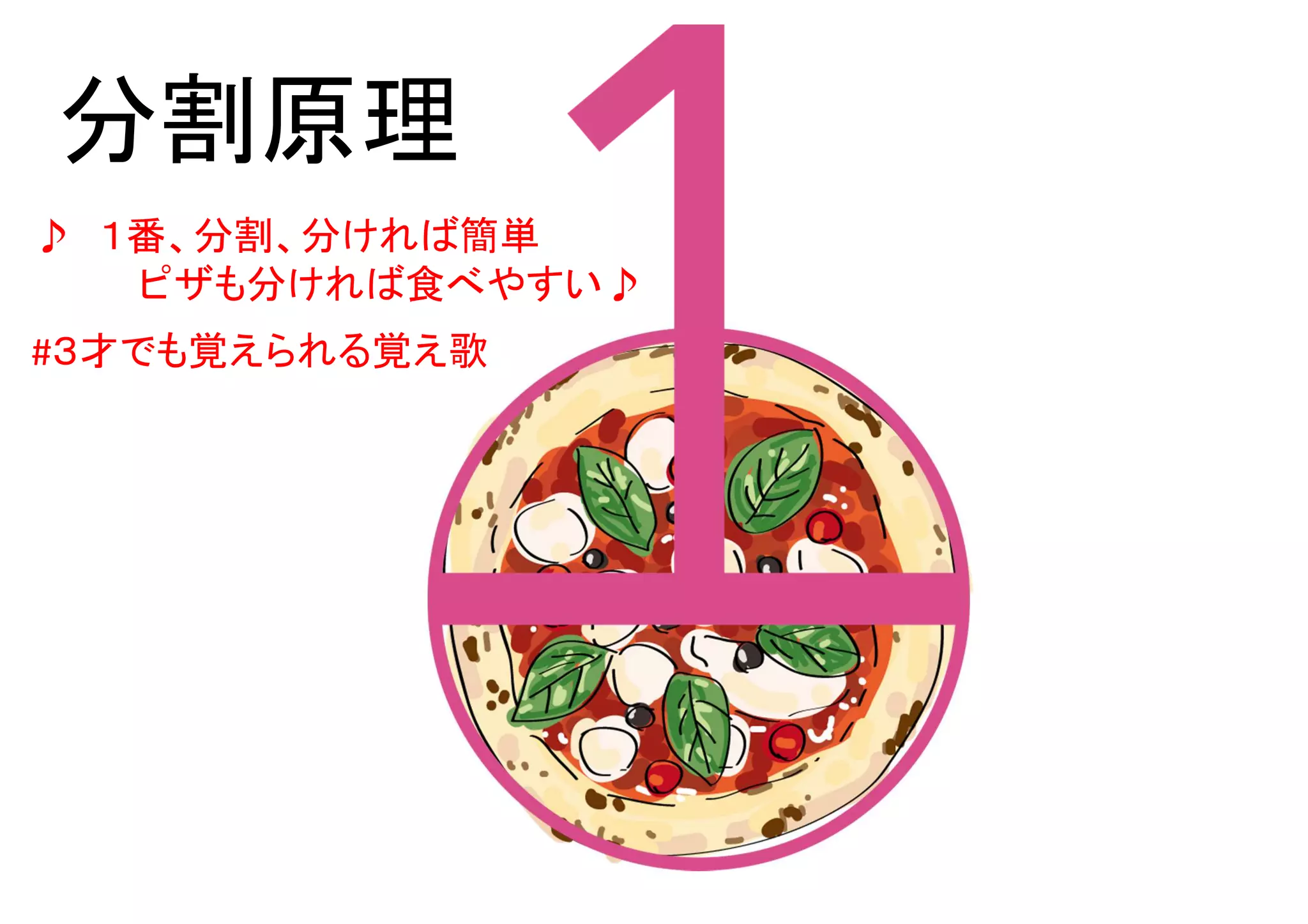 分割原理
♪ １番、分割、分ければ簡単
ピザも分ければ食べやすい♪
#３才でも覚えられる覚え歌
 