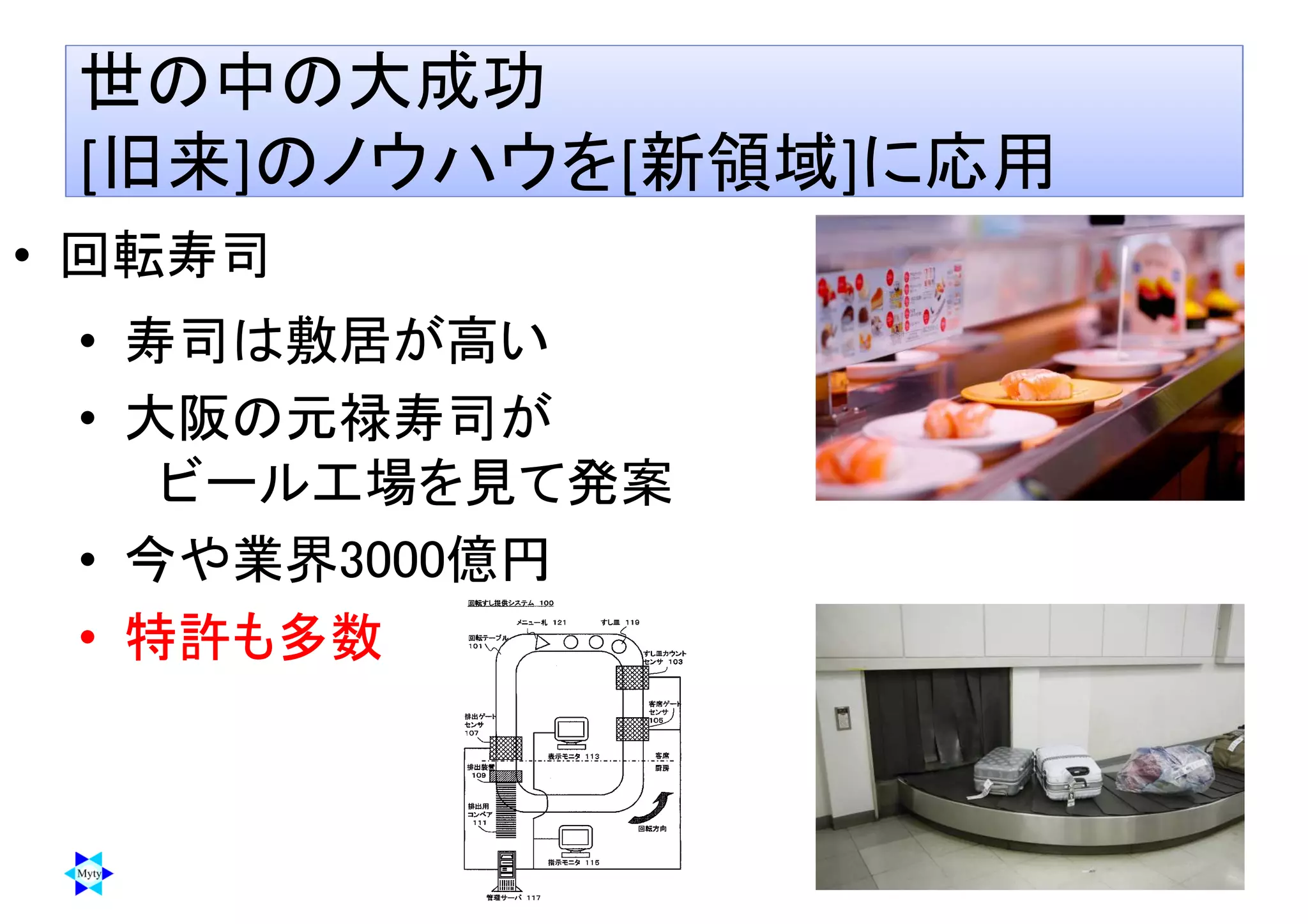 [ ] [ ]
世の中の大成功
[旧来]のノウハウを[新領域]に応用
• 寿司は敷居が高い
• 大阪の元禄寿司が
ビール工場を見て発案
• 今や業界3000億円
• 特許も多数
• 回転寿司
 