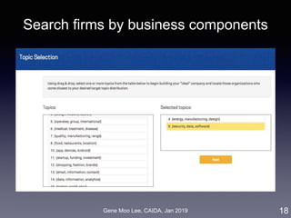 Gene Moo Lee, CAIDA, Jan 2019
Search firms by business components
18
 