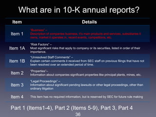 Item Details
Item 1
“Business” –
Description of companies business, it’s main products and services, subsidiaries it
owns, market it operates in, recent events, competitions, etc.
Item 1A
“Risk Factors” –
Most significant risks that apply to company or its securities, listed in order of their
importance.
Item 1B
“Unresolved Staff Comments” –
Explain certain comments it received from SEC staff on previous filings that have not
been resolved over an extended period of time.
Item 2
“Properties”–
Information about companies significant properties like principal plants, mines, etc.
Item 3
“Legal Proceedings” –
Information about significant pending lawsuits or other legal proceedings, other than
ordinary litigation
Item 4 This item has no required information, but is reserved by SEC for future rule making
What are in 10-K annual reports?
36
Part 1 (Items1-4), Part 2 (Items 5-9), Part 3, Part 4
 