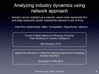 Gene Moo Lee, CAIDA, Jan 2019
Analyzing industry dynamics using
network approach
• Industry can be modeled as a network, where node represents firm
and edge represents dyadic relationship between a pair of firms
• Inter-firm relationships: M&A, Competition, Opportunity, Alliance
4
Toward A Better Measure of Business Proximity:
Topic Modeling for Industry Intelligence
MIS Quarterly 2016
Opportunity Structures: A Machine Learning Approach for Analyzing
Industry Dynamics
Submitted to AOM 2019
 