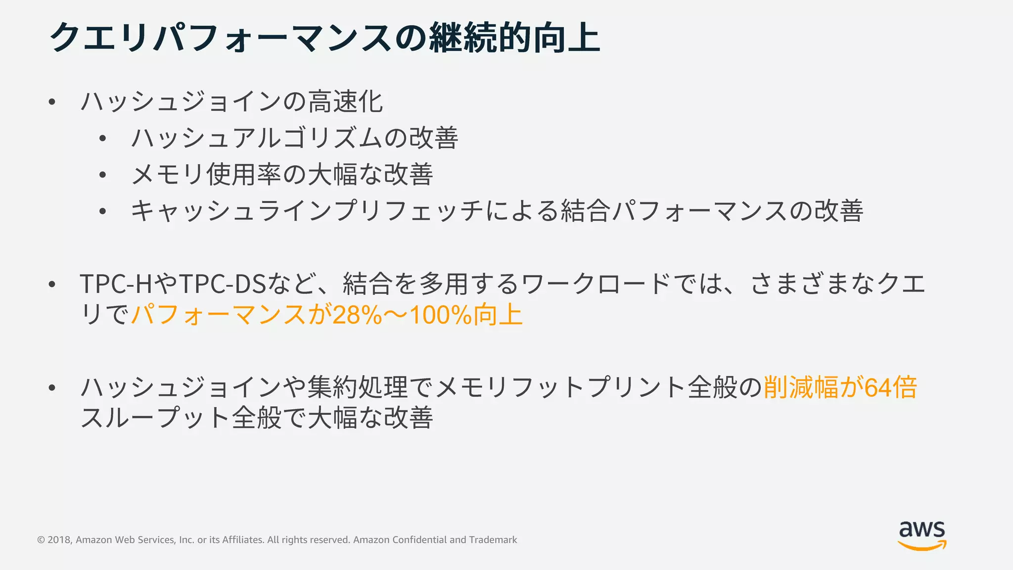 © 2018, Amazon Web Services, Inc. or its Affiliates. All rights reserved. Amazon Confidential and Trademark
•
•
•
•
•
28% 100%
• 64
 