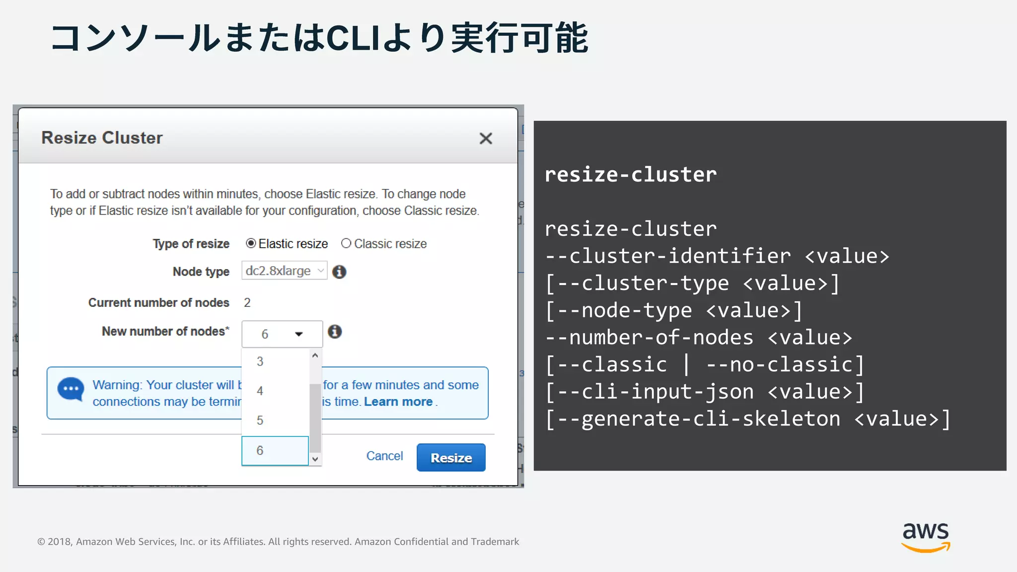 © 2018, Amazon Web Services, Inc. or its Affiliates. All rights reserved. Amazon Confidential and Trademark
resize-cluster
resize-cluster
--cluster-identifier <value>
[--cluster-type <value>]
[--node-type <value>]
--number-of-nodes <value>
[--classic | --no-classic]
[--cli-input-json <value>]
[--generate-cli-skeleton <value>]
CLI
 