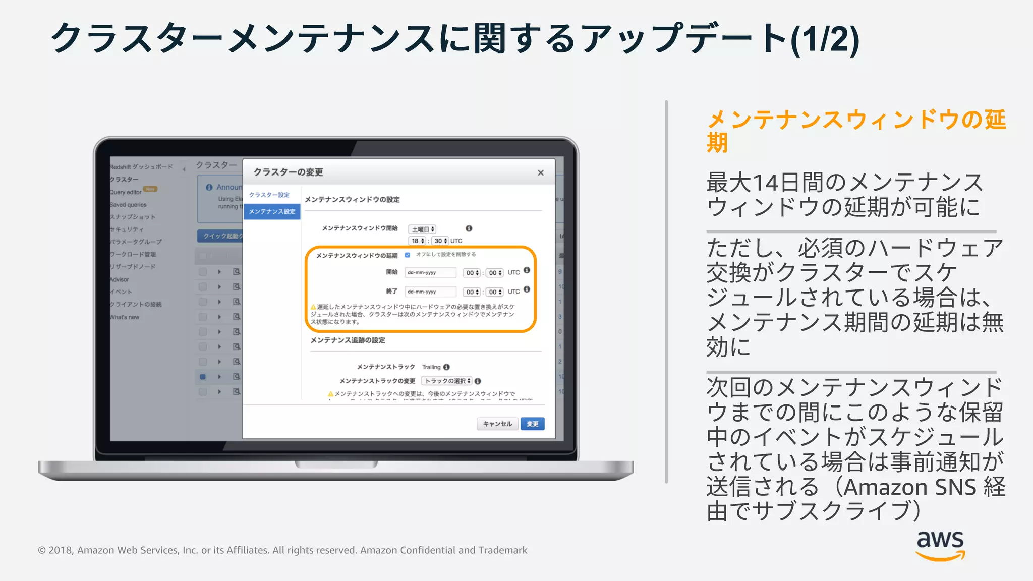 © 2018, Amazon Web Services, Inc. or its Affiliates. All rights reserved. Amazon Confidential and Trademark
(1/2)
メンテナンスウィンドウの延
期
14
Amazon SNS
 