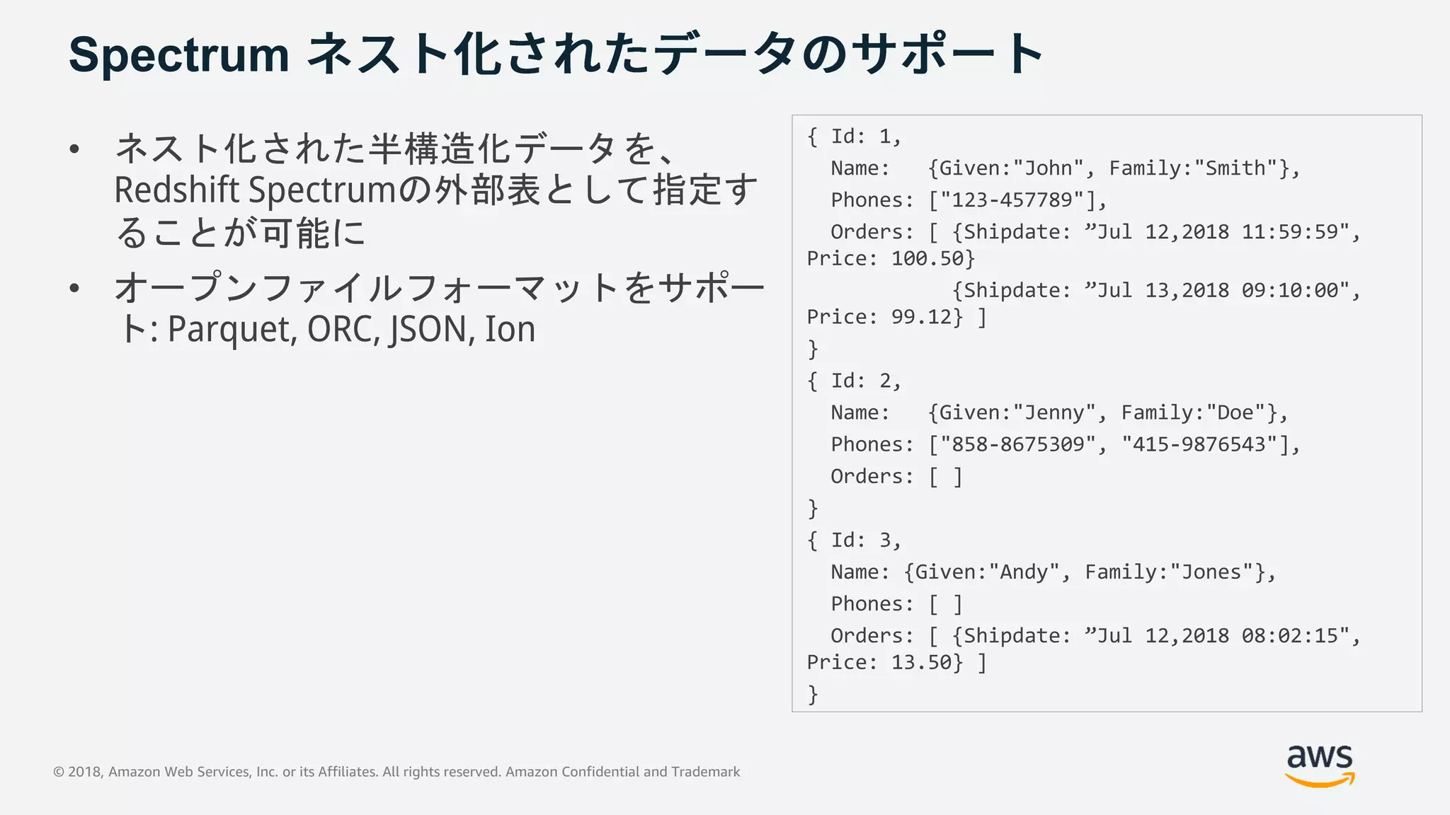 © 2018, Amazon Web Services, Inc. or its Affiliates. All rights reserved. Amazon Confidential and Trademark
Spectrum
• ネスト化された半構造化データを、
Redshift Spectrumの外部表として指定す
ることが可能に
• オープンファイルフォーマットをサポー
ト: Parquet, ORC, JSON, Ion
{ Id: 1,
Name: {Given:"John", Family:"Smith"},
Phones: ["123-457789"],
Orders: [ {Shipdate: ”Jul 12,2018 11:59:59",
Price: 100.50}
{Shipdate: ”Jul 13,2018 09:10:00",
Price: 99.12} ]
}
{ Id: 2,
Name: {Given:"Jenny", Family:"Doe"},
Phones: ["858-8675309", "415-9876543"],
Orders: [ ]
}
{ Id: 3,
Name: {Given:"Andy", Family:"Jones"},
Phones: [ ]
Orders: [ {Shipdate: ”Jul 12,2018 08:02:15",
Price: 13.50} ]
}
 