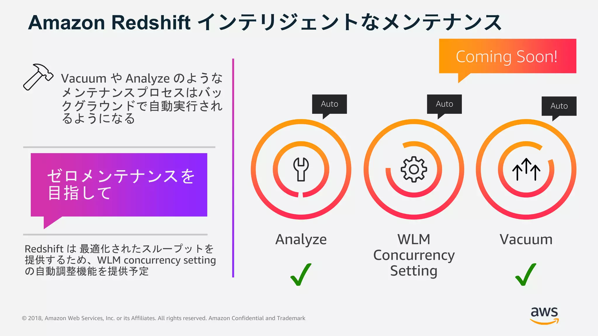 © 2018, Amazon Web Services, Inc. or its Affiliates. All rights reserved. Amazon Confidential and Trademark
Amazon Redshift
VacuumAnalyze WLM
Concurrency
Setting
AutoAuto Auto
Vacuum や Analyze のような
メンテナンスプロセスはバッ
クグラウンドで自動実行され
るようになる
Redshift は 最適化されたスループットを
提供するため、WLM concurrency setting
の自動調整機能を提供予定
ゼロメンテナンスを
目指して
Coming Soon!
✔ ✔
 