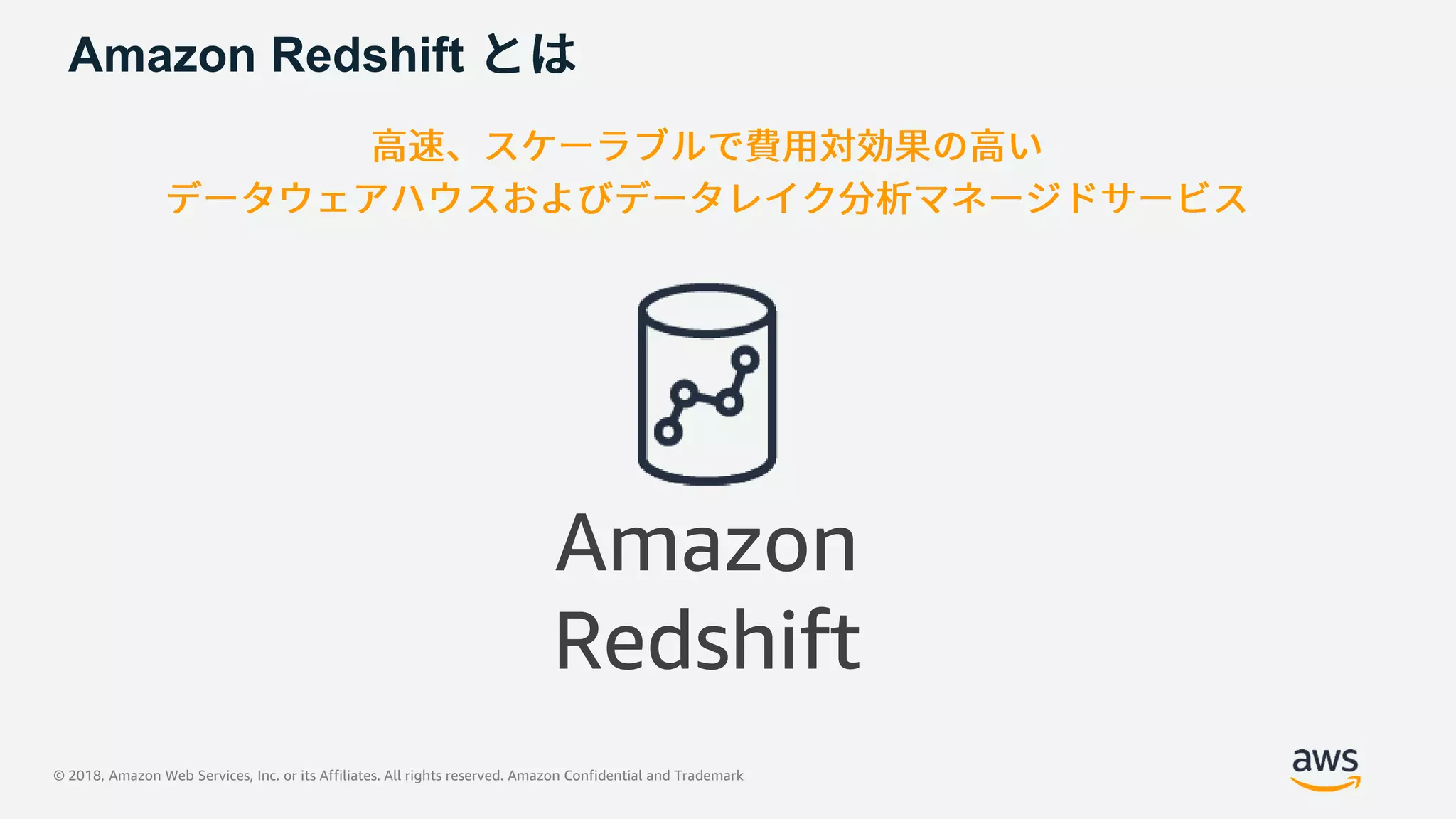 © 2018, Amazon Web Services, Inc. or its Affiliates. All rights reserved. Amazon Confidential and Trademark
Amazon Redshift
Amazon
Redshift
 