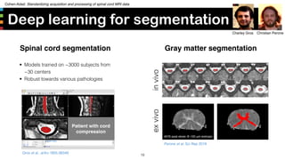 Cohen-Adad: Standardizing acquisition and processing of spinal cord MRI data
Deep learning for segmentation
19
Spinal cord...