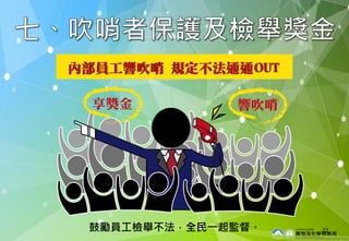 鼓勵員工檢舉不法，全民一起監督。 22
 