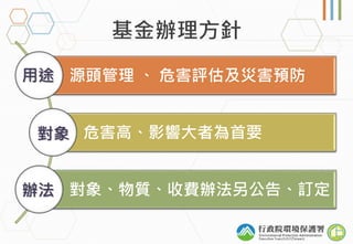 源頭管理 、 危害評估及災害預防
危害高、影響大者為首要
對象、物質、收費辦法另公告、訂定
用途
對象
辦法
 