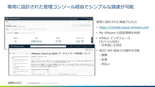 9©2019 VMware, Inc.
専用に設計された管理コンソール経由でシンプルな調達が可能
専用に設計された調達プロセス
• https://console.cloud.vmware.com
• My VMware の認証情報を利用
• HTML5 インタフェース
(モバイル対応)
- 日本語にも対応
• REST API 経由での操作も可能
- 展開
- 拡張
- 支払い
©
 