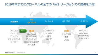 8©2019 VMware, Inc.
2019年末までにグローバルの全ての AWS リージョンでの提供を予定
オレゴン
バージニア
ロンドン
フランクフルト
シドニー
東京
GovCloud
(米国西海岸)
アイルランド
北カリフォルニア
オハイオ
開設済み
M6
Q4 2018
Q1 2019 Q2 2019 H2 2019
シンガポール
ムンバイ
パリ
カナダ
大阪
サンパウロ
香港
ソウル
バーレーン
GovCloud
(米国東海岸)
スウェーデン
New
 