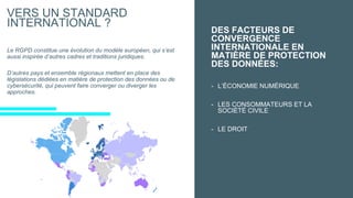 VERS UN STANDARD
INTERNATIONAL ?
DES FACTEURS DE
CONVERGENCE
INTERNATIONALE EN
MATIÈRE DE PROTECTION
DES DONNÉES:
- L’ÉCONOMIE NUMÉRIQUE
- LES CONSOMMATEURS ET LA
SOCIÉTÉ CIVILE
- LE DROIT
Le RGPD constitue une évolution du modèle européen, qui s’est
aussi inspirée d’autres cadres et traditions juridiques.
D’autres pays et ensemble régionaux mettent en place des
législations dédiées en matière de protection des données ou de
cybersécurité, qui peuvent faire converger ou diverger les
approches.
 