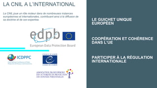 LE GUICHET UNIQUE
EUROPÉEN
LA CNIL A L’INTERNATIONAL
La CNIL joue un rôle moteur dans de nombreuses instances
européennes et internationales, contribuant ainsi à la diffusion de
sa doctrine et de son expertise.
COOPÉRATION ET COHÉRENCE
DANS L’UE
PARTICIPER À LA RÉGULATION
INTERNATIONALE
 