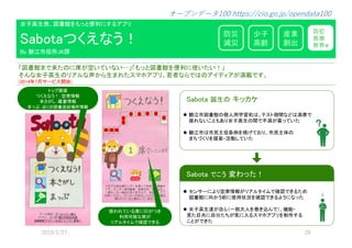 �����で�たの��が����な�…���っと���������た�！�
��な�子高生の���な���生��たス���プ����な�で�の�����が��で��
(2014年7月サービス開始)
Sabotaつくえなう！ 防災
減災
産業
創出
少子
高齢
防犯
医療
教育等
Sabota 誕生の キッカケ
������の���������スト��な����で
��な�こと����子高生の�で��が�っ��た
���������������������の
���く����������た
Sabota でこう 変わった！
��サー�������が������で��でき�た�
������う���������でき��う�なった
�子高生�が���������き��で�����
�た�����た�が����ス���プ������
ことができた
�子高生�������っと������プ�
By �����JK課
�わ�������がつき
����な�が
������で��でき�
トップ画面
つくえなう！�����
��が������
�っ���くの��������
 