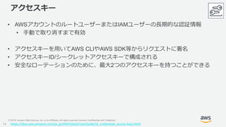 © 2019, Amazon Web Services, Inc. or its Affiliates. All rights reserved. Amazon Confidential and Trademark
アクセスキー
• AWSアカ...