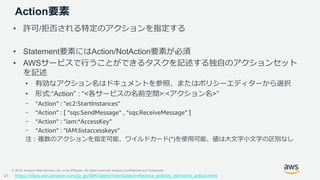 © 2019, Amazon Web Services, Inc. or its Affiliates. All rights reserved. Amazon Confidential and Trademark
Action要素
• 許可/...
