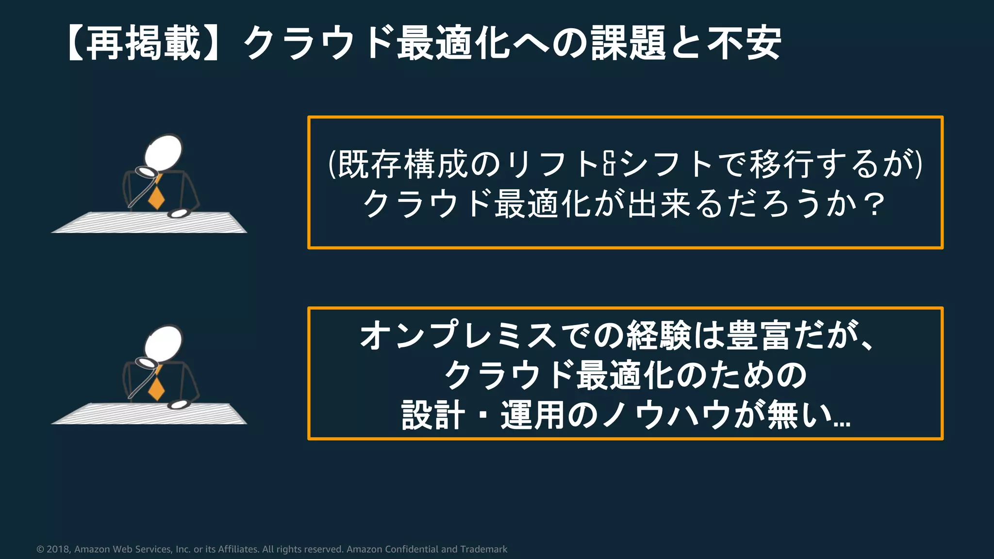 © 2018, Amazon Web Services, Inc. or its Affiliates. All rights reserved. Amazon Confidential and Trademark
【再掲載】クラウド最適化への課題と不安
(既存構成のリフト&シフトで移行するが)
クラウド最適化が出来るだろうか？
オンプレミスでの経験は豊富だが、
クラウド最適化のための
設計・運用のノウハウが無い…
 