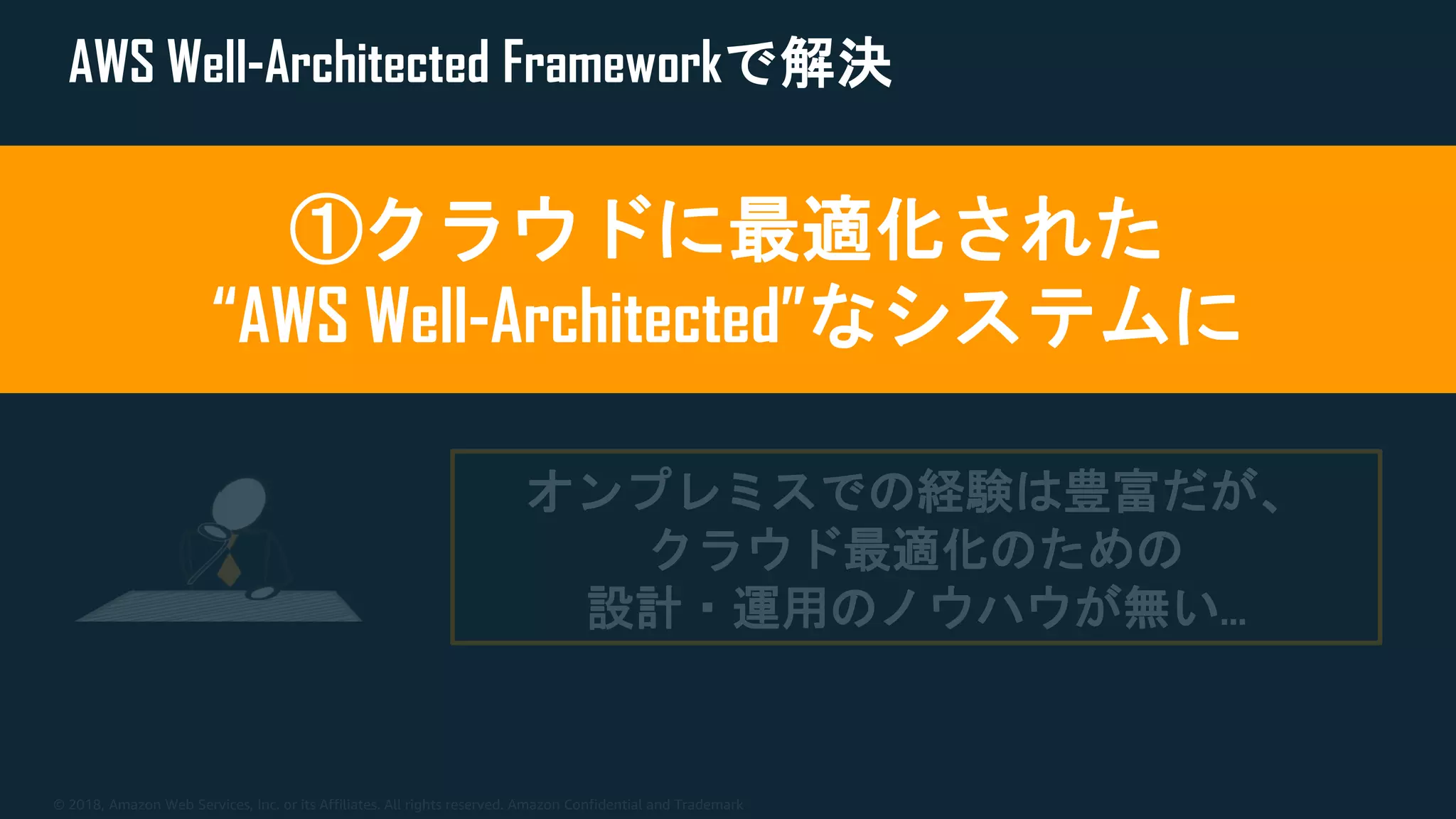 © 2018, Amazon Web Services, Inc. or its Affiliates. All rights reserved. Amazon Confidential and Trademark
AWS Well-Architected Frameworkで解決
(既存構成のリフト&シフトで移行するが)
クラウド最適化が出来るだろうか？
オンプレミスでの経験は豊富だが、
クラウド最適化のための
設計・運用のノウハウが無い…
①クラウドに最適化された
“AWS Well-Architected”なシステムに
 
