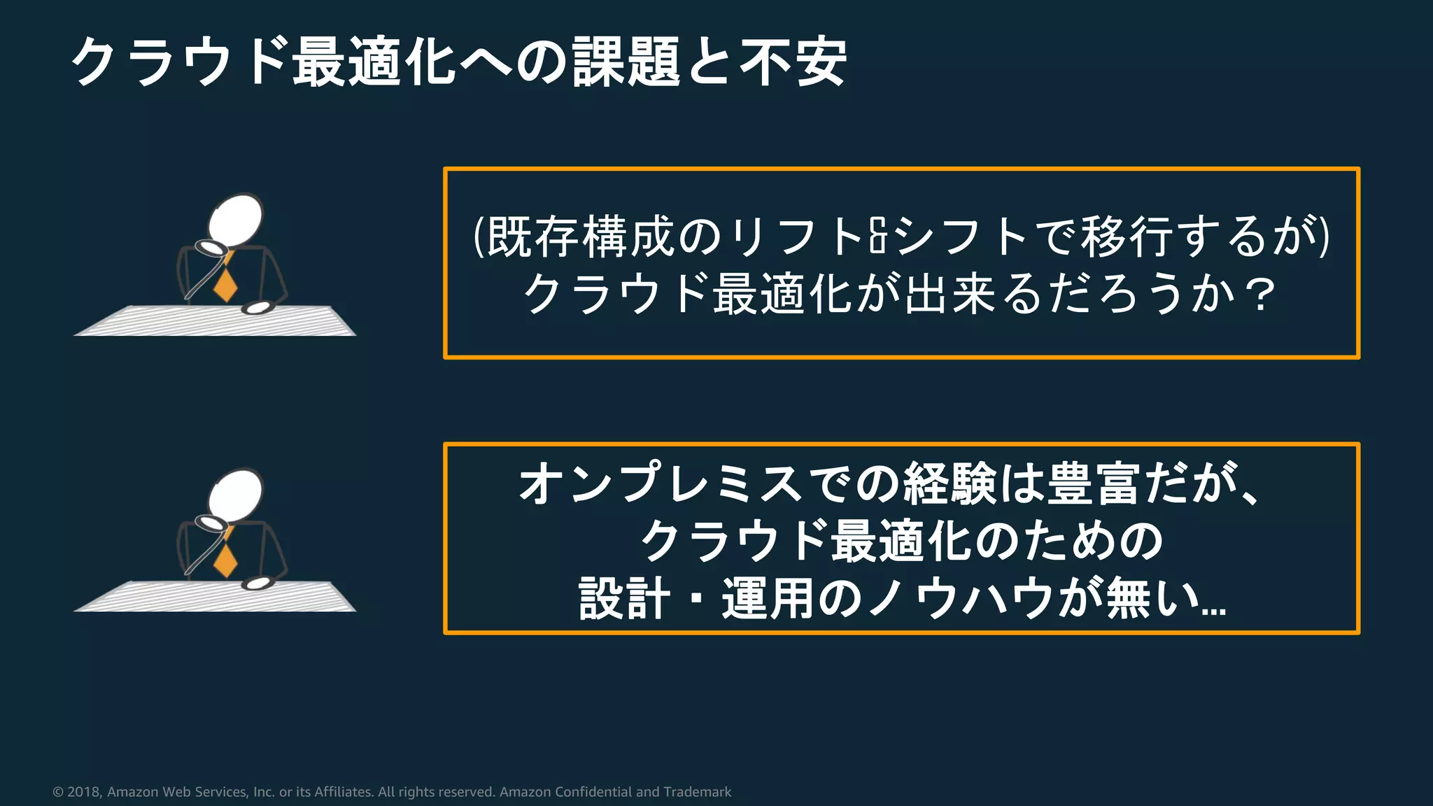 © 2018, Amazon Web Services, Inc. or its Affiliates. All rights reserved. Amazon Confidential and Trademark
クラウド最適化への課題と不安
(既存構成のリフト&シフトで移行するが)
クラウド最適化が出来るだろうか？
オンプレミスでの経験は豊富だが、
クラウド最適化のための
設計・運用のノウハウが無い…
 
