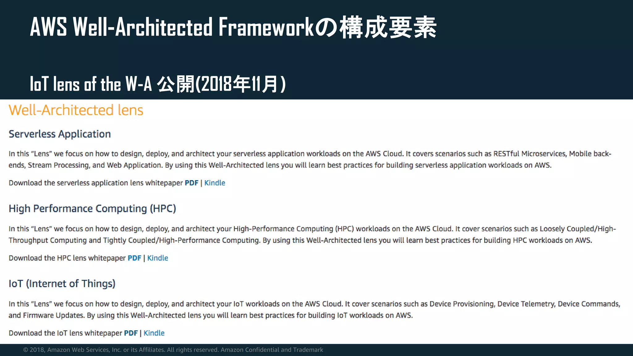 © 2018, Amazon Web Services, Inc. or its Affiliates. All rights reserved. Amazon Confidential and Trademark
AWS Well-Architected Frameworkの構成要素
IoT lens of the W-A 公開(2018年11月)
 