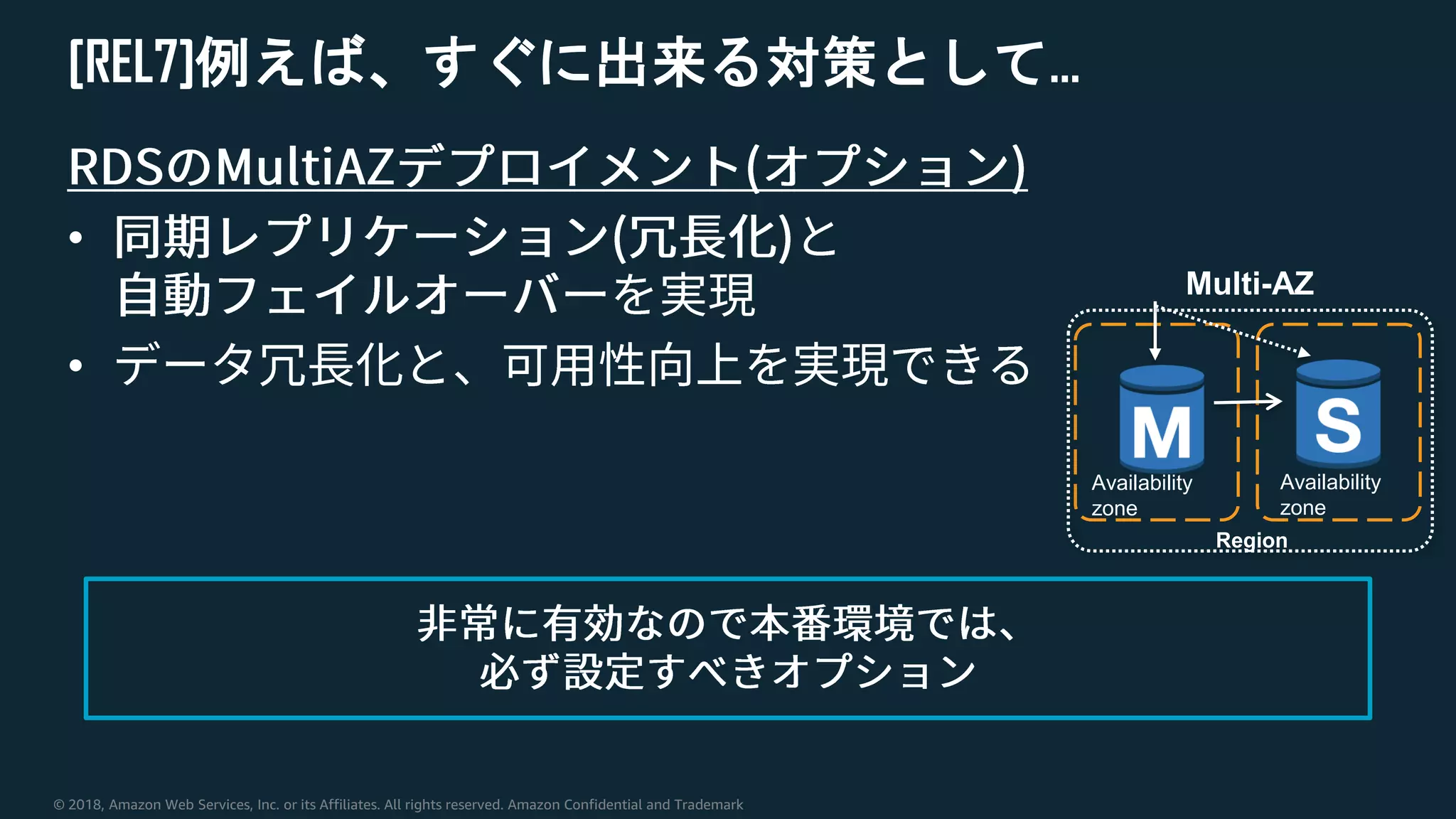© 2018, Amazon Web Services, Inc. or its Affiliates. All rights reserved. Amazon Confidential and Trademark
[REL7]例えば、すぐに出来る対策として…
•
•
Region
Multi-AZ
Availability
zone
Availability
zone
 