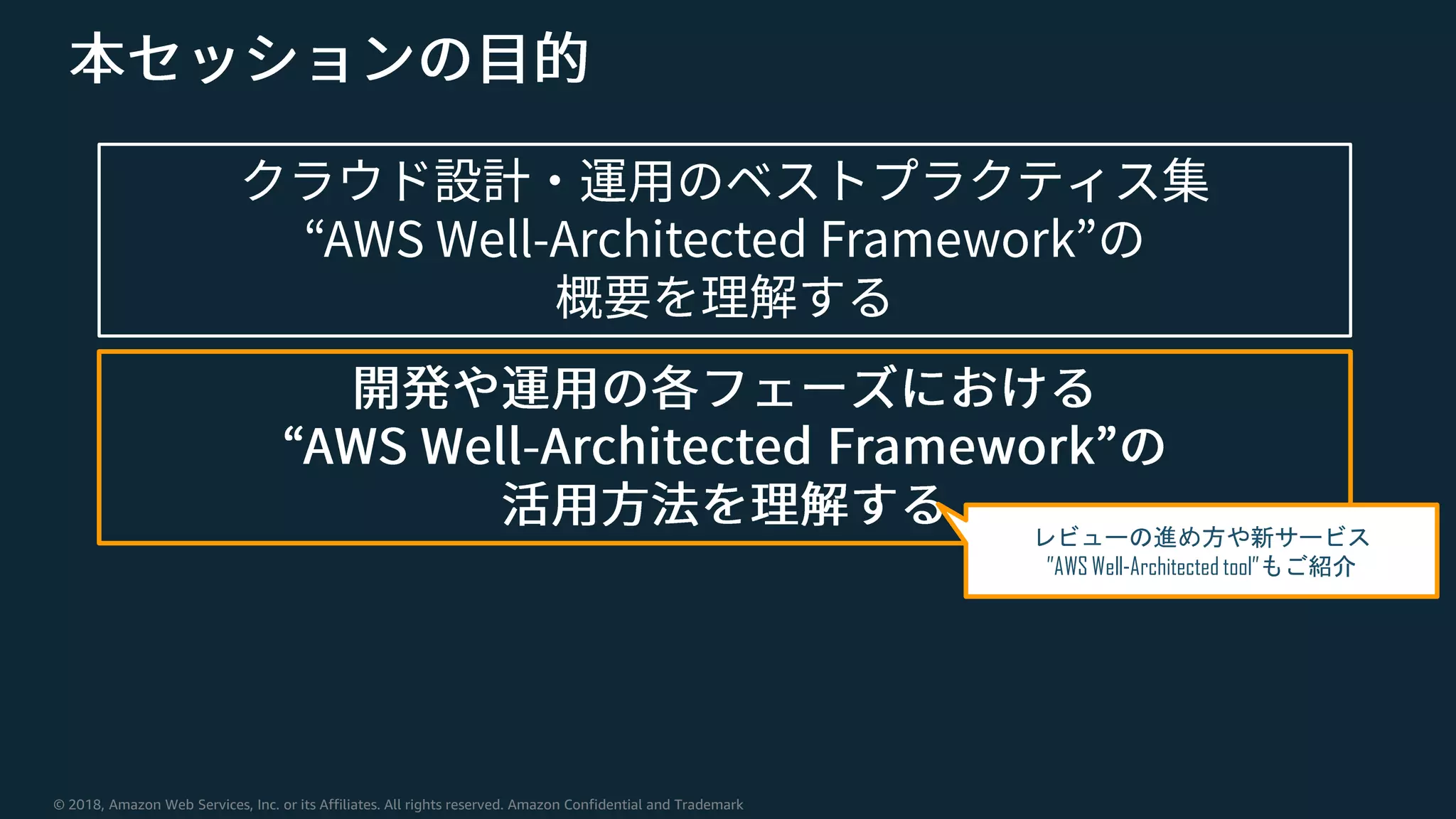 © 2018, Amazon Web Services, Inc. or its Affiliates. All rights reserved. Amazon Confidential and Trademark
レビューの進め方や新サービス
”AWS Well-Architected tool”もご紹介
 