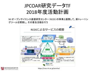 JPCOARоǩ`TF
2018ȻӋ
NII `ץ󥵥󥹻Pо󥿩`RCOSIBЯơ¥ȥ`˥
ĩ`_kռӤФ
https://rcos.nii.ac.jp/service/
 