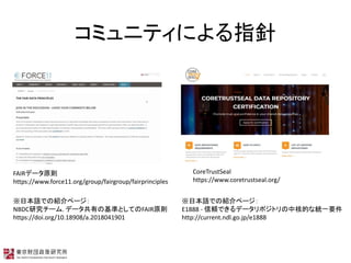 ߥ˥ƥˤָ
CoreTrustSeal
https://www.coretrustseal.org/
FAIRǩ`ԭt
https://www.force11.org/group/fairgroup/fairprinciples
ձZǤνBک`
NBDCо`. ǩ`ФλʤȤƤFAIRԭt
https://doi.org/10.18908/a.2018041901
ձZǤνBک`
E1888 - mǤǩ`ݥȥк˵ĤʽyһҪ
http://current.ndl.go.jp/e1888
 