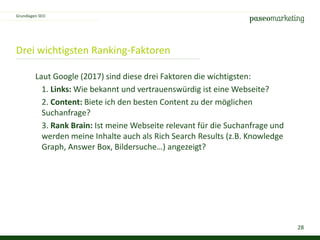 28
Drei wichtigsten Ranking-Faktoren
Grundlagen SEO
Laut Google (2017) sind diese drei Faktoren die wichtigsten:
1. Links: Wie bekannt und vertrauenswürdig ist eine Webseite?
2. Content: Biete ich den besten Content zu der möglichen
Suchanfrage?
3. Rank Brain: Ist meine Webseite relevant für die Suchanfrage und
werden meine Inhalte auch als Rich Search Results (z.B. Knowledge
Graph, Answer Box, Bildersuche…) angezeigt?
 
