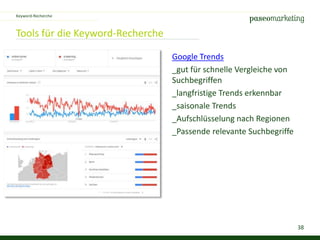 38
Tools für die Keyword-Recherche
Keyword-Recherche
Google Trends
_gut für schnelle Vergleiche von
Suchbegriffen
_langfristige Trends erkennbar
_saisonale Trends
_Aufschlüsselung nach Regionen
_Passende relevante Suchbegriffe
 