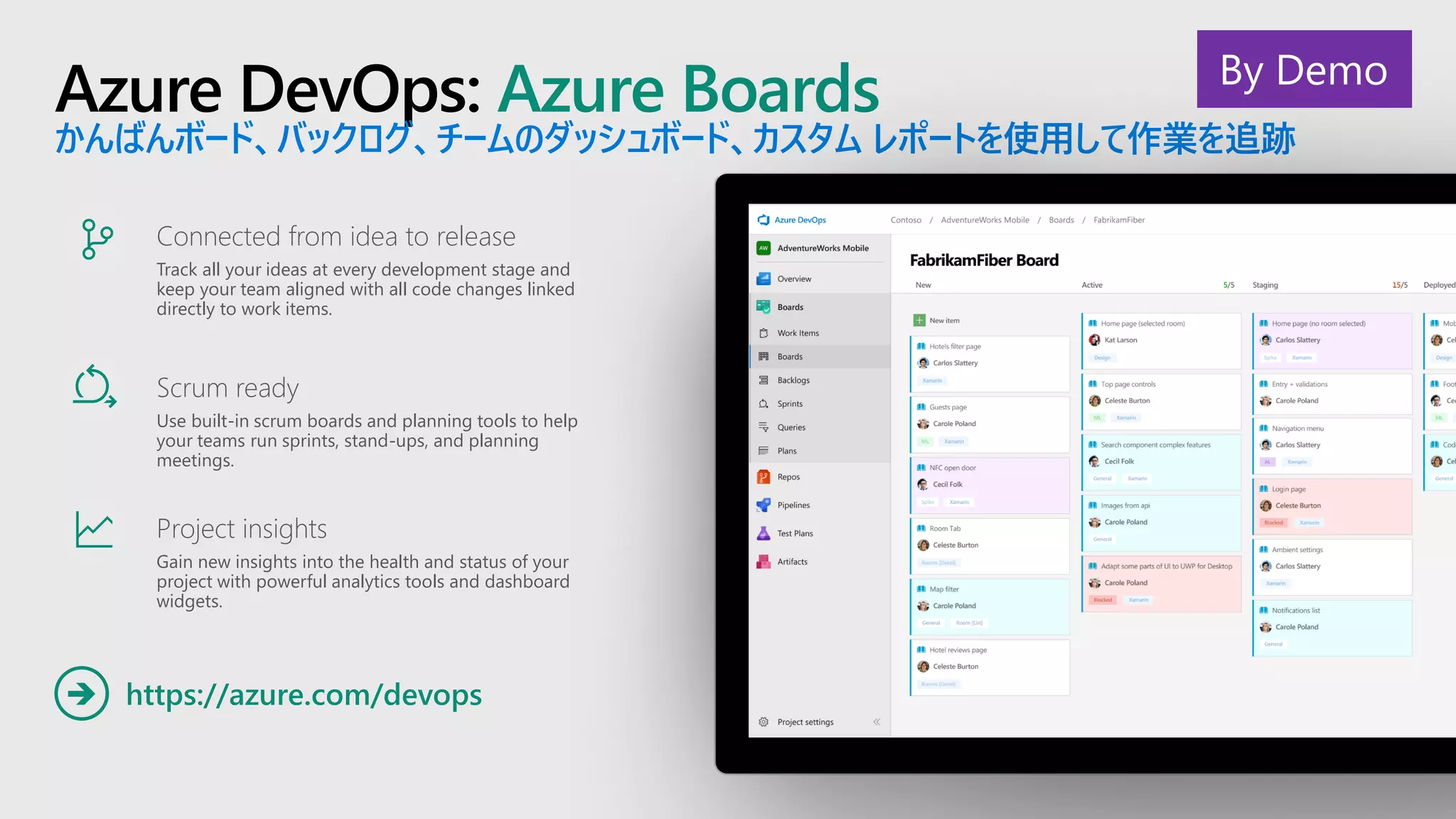 Azure DevOps: Azure Boards
かんばんボード、バックログ、チームのダッシュボード、カスタム レポートを使用して作業を追跡
https://azure.com/devops➔
Connected from idea to release
Track all your ideas at every development stage and
keep your team aligned with all code changes linked
directly to work items.
Scrum ready
Use built-in scrum boards and planning tools to help
your teams run sprints, stand-ups, and planning
meetings.
Project insights
Gain new insights into the health and status of your
project with powerful analytics tools and dashboard
widgets.
By Demo
 