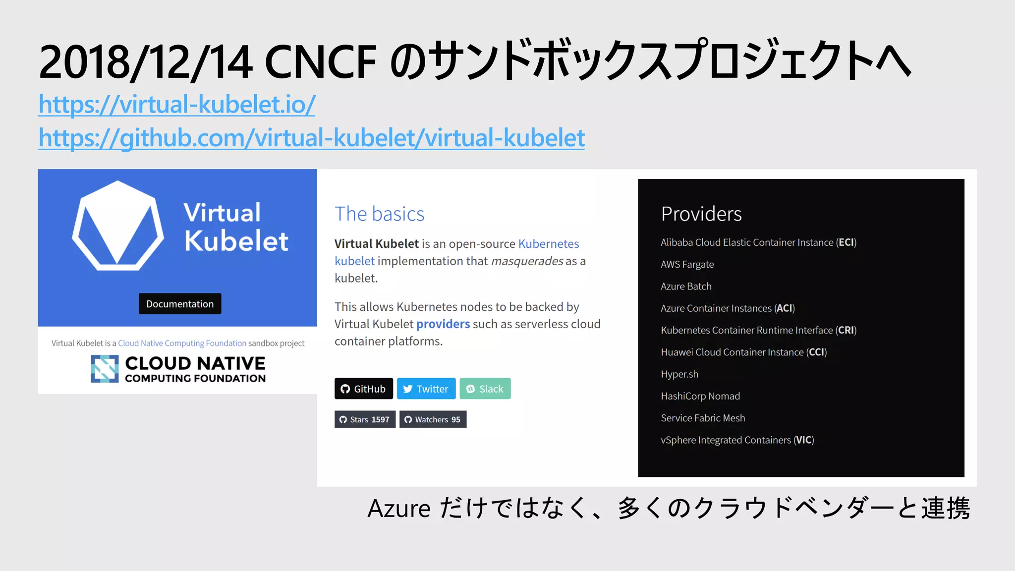 2018/12/14 CNCF のサンドボックスプロジェクトへ
https://virtual-kubelet.io/
https://github.com/virtual-kubelet/virtual-kubelet
Azure だけではなく、多くのクラウドベンダーと連携
 