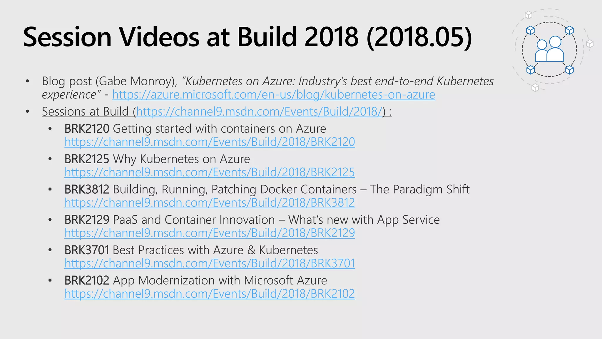 Session Videos at Build 2018 (2018.05)
https://azure.microsoft.com/en-us/blog/kubernetes-on-azure
https://channel9.msdn.com/Events/Build/2018/
• BRK2120 Getting started with containers on Azure
https://channel9.msdn.com/Events/Build/2018/BRK2120
• BRK2125 Why Kubernetes on Azure
https://channel9.msdn.com/Events/Build/2018/BRK2125
• BRK3812 Building, Running, Patching Docker Containers – The Paradigm Shift
https://channel9.msdn.com/Events/Build/2018/BRK3812
• BRK2129 PaaS and Container Innovation – What’s new with App Service
https://channel9.msdn.com/Events/Build/2018/BRK2129
• BRK3701 Best Practices with Azure & Kubernetes
https://channel9.msdn.com/Events/Build/2018/BRK3701
• BRK2102 App Modernization with Microsoft Azure
https://channel9.msdn.com/Events/Build/2018/BRK2102
 