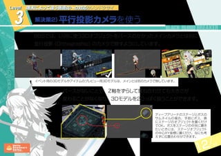 12 14
解決策2）平行投影カメラを使う3
Level 端末によって違う画面比への対応がメンドクサイ
BBBでは、UI用に使う3Dオブジェクトをパースのかかったメインカメラとは別に
並行投影（Orthographic）のカメラで映すようにしています。
イベント用の3Dモデルやアイテムのプレビュー用3Dモデルは、メインとは別のカメラで映しています。
パースがないことで、Z軸をずらして重ね合わせても大きさが
変わることがなくなり、3Dモデルを2Dっぽく扱うことができます。
ディープアリーナのステージとボスの
サムネイルの場合、手前にボス、奥
にステージのオブジェクトを置くだけ
でOK。ボスをステージの中央に置き
たいときには、ステージオブジェクト
の中心XY座標に置くだけ。なにも考
えずに位置合わせができます。
 