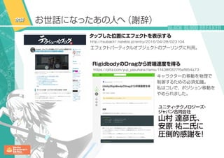 エフェクトパーティクルオブジェクトのプーリングに利用。
余談 お世話になったあの人へ（謝辞）
http://tsubakit1.hateblo.jp/entry/2016/04/28/023104
タップした位置にエフェクトを表示する
https://qiita.com/yuji_yasuhara/items/1f438f0f27f5ef854a73
RigidbodyのDragから終端速度を得る
キャラクターの移動を物理で
制御するための必須知識。
私はコレで、ポジション移動を
やめられました。
ユニティ・テクノロジーズ・
ジャパン合同会社
山村 達彦氏、
安原 祐二氏に
圧倒的感謝を！
 