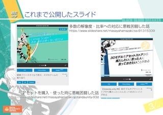 3 14
多数の解像度・比率への対応に悪戦苦闘した話
https://www.slideshare.net/masayahamazaki/ss-91315339
これまで公開したスライド
https://www.slideshare.net/masayahamazaki/gotandaunity-93d
アセットを購入・使った時に悪戦苦闘した話
過去
ネタ
 