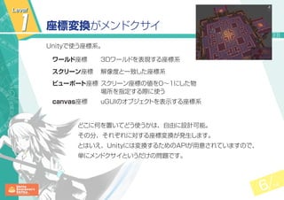 6 14
1 座標変換がメンドクサイ
Unityで使う座標系。
　ワールド座標	 3Dワールドを表現する座標系
　スクリーン座標	 解像度と一致した座標系
　ビューポート座標	スクリーン座標の値を0〜1にした物
	 場所を指定する際に使う
　canvas座標	 uGUIのオブジェクトを表示する座標系
どこに何を置いてどう使うかは、自由に設計可能。
その分、それぞれに対する座標変換が発生します。
とはいえ、Unityには変換するためのAPIが用意されていますので、
単にメンドクサイというだけの問題です。
Level
 