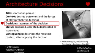 @RuthMalan
#OReillySACon
Title: short noun phrase
Context: desired outcomes and the forces
at play (probably in tension)
D...