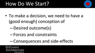 @RuthMalan
#OReillySACon
How Do We Start?
• To make a decision, we need to have a
(good enough) conception of
– Desired ou...