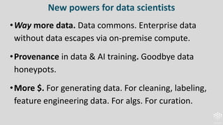 New powers for data scientists
•Way more data. Data commons. Enterprise data
without data escapes via on-premise compute.
•Provenance in data & AI training. Goodbye data
honeypots.
•More $. For generating data. For cleaning, labeling,
feature engineering data. For algs. For curation.
 