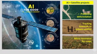 ✓ Predicting
deforestation
✓ Tracking
livestock to
reduce conflict
✓ Micro insurance
for crops
AI + Satellite projects
 