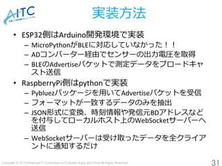 Copyright © 2019 Advanced IT Consortium to Evaluate, Apply and Drive All Rights Reserved.	
実装⽅法
31	
•  ESP32側はArduino開発環境で...